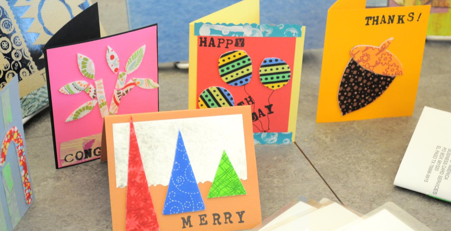 Four handmade cards, each for a different occasion: thank you, merry Christmas, happy birthday, and congratulations.