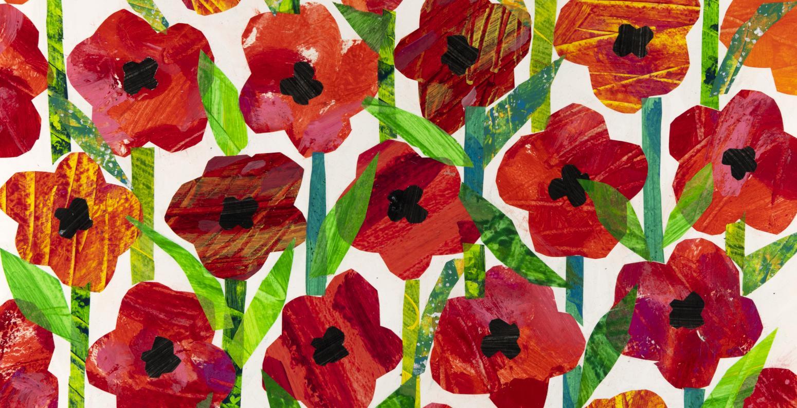 Illustration of red poppy flowers in overlapping pattern. 