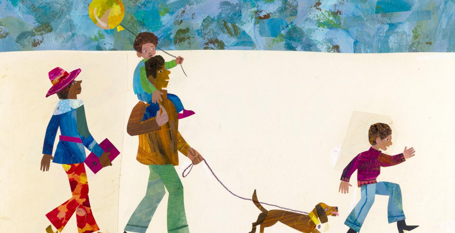 Illustration of family walking dog in sunshine. 