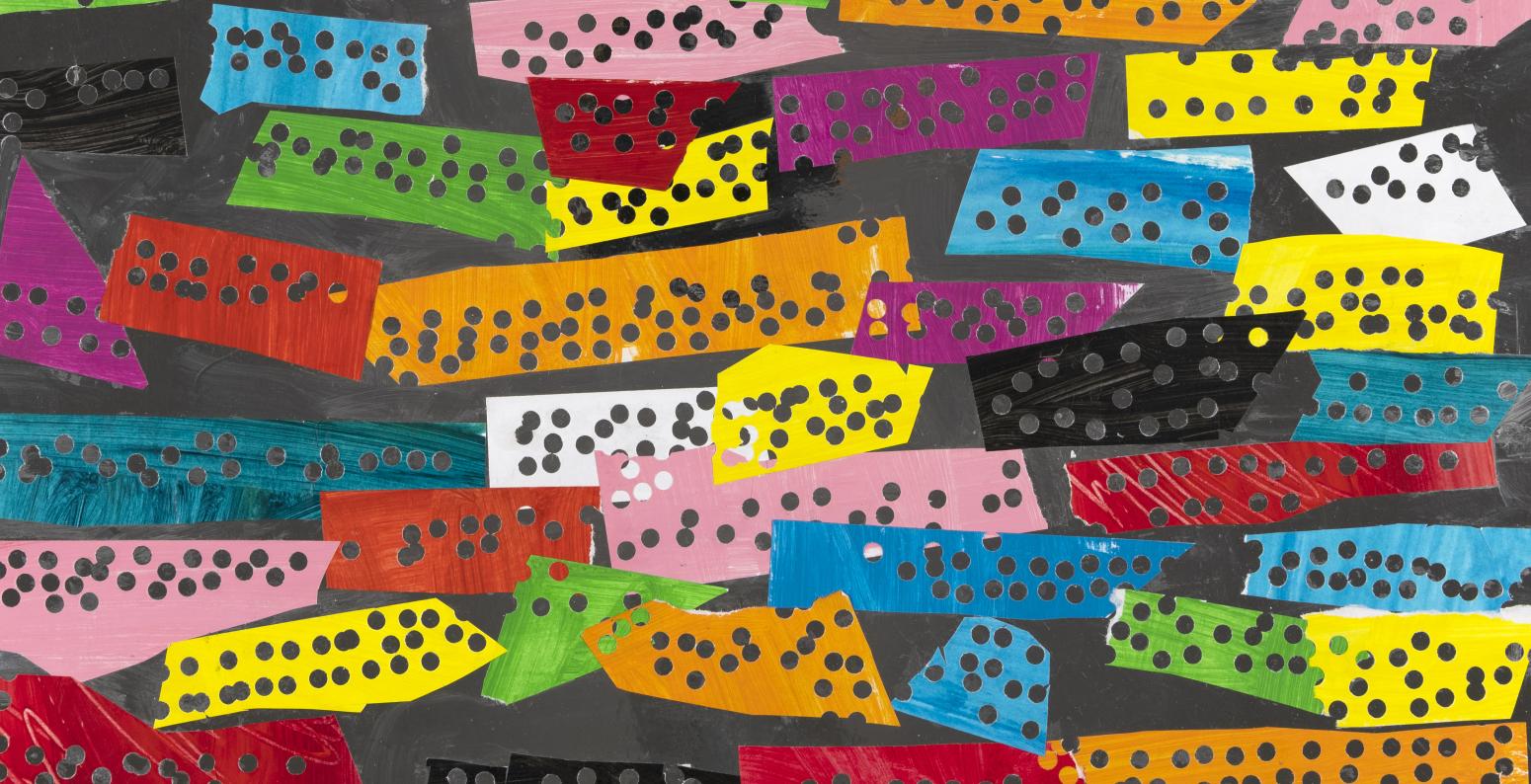 Abstract collage of color squares with hole punches. 