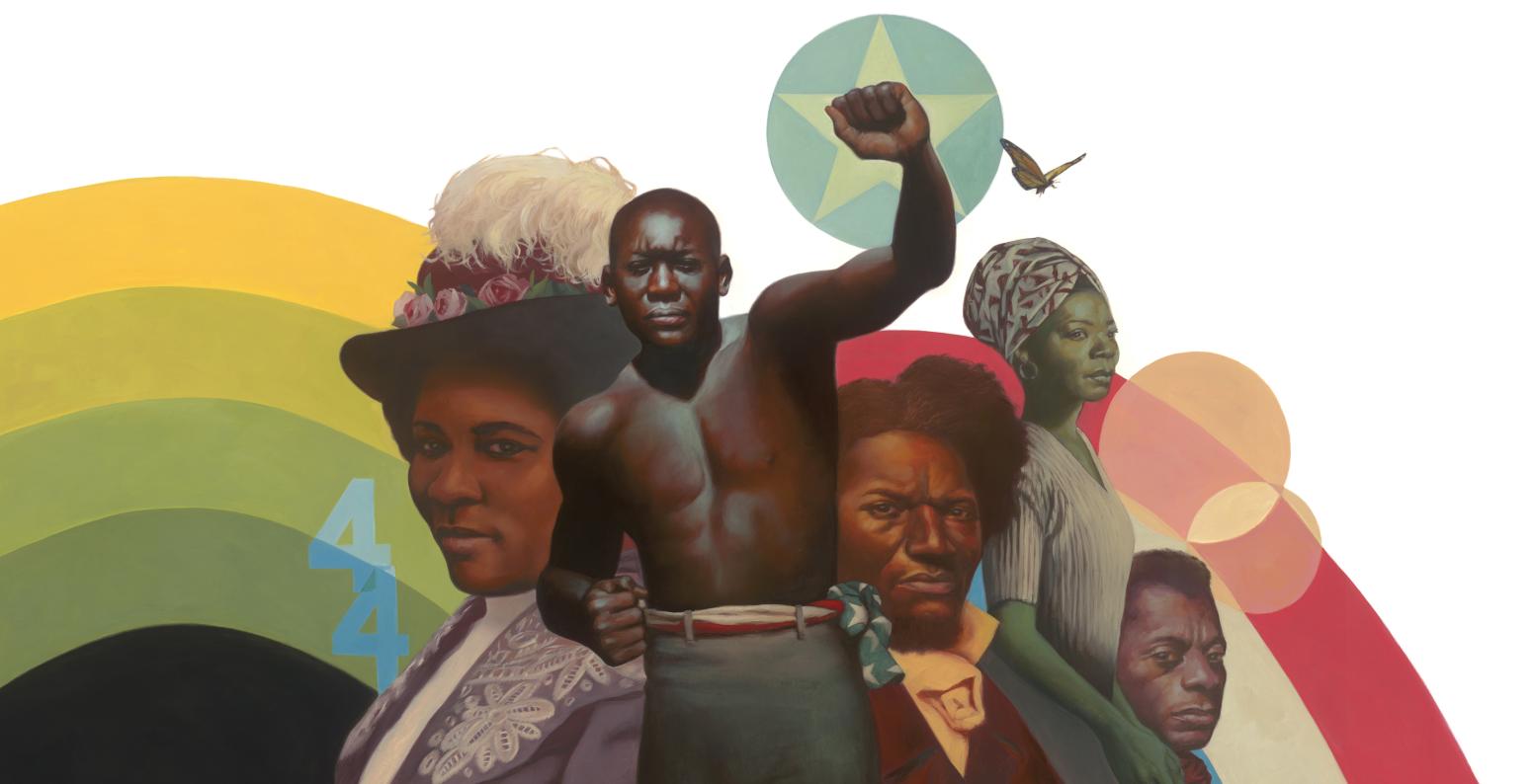 Illustration of famous Black artists, authors, athletes, and activists.