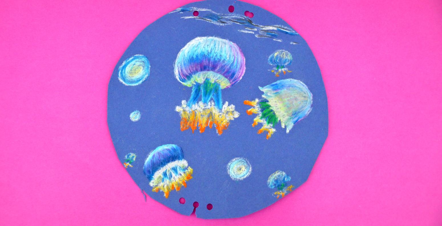 An oil pastel ocean scene with jellyfish.