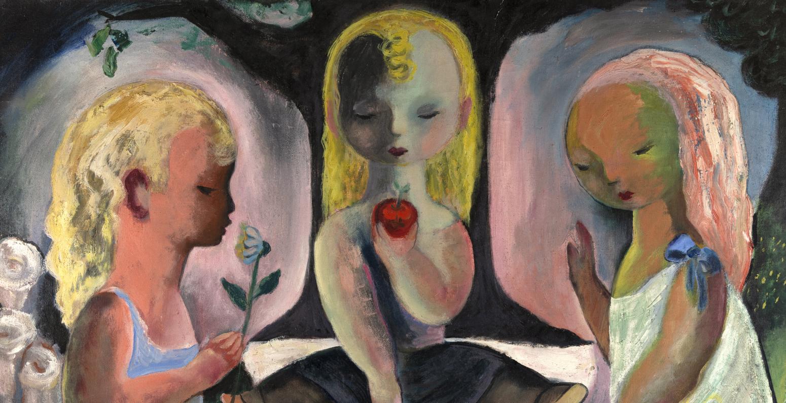Painting of three girls eating picnic.