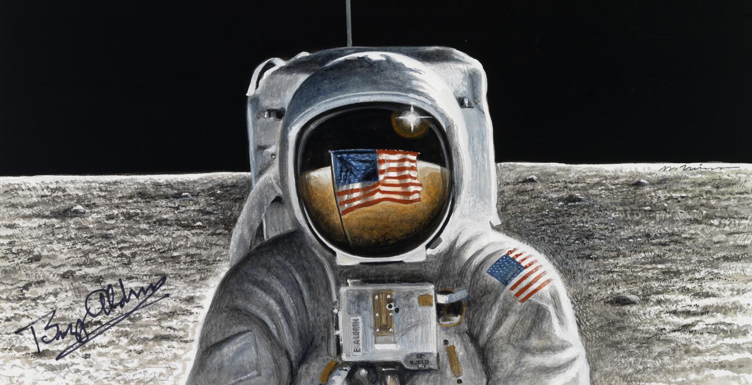 An astronaut stands on the moon with the American flag reflected in the astronaut's helmet. Earth is in the background.