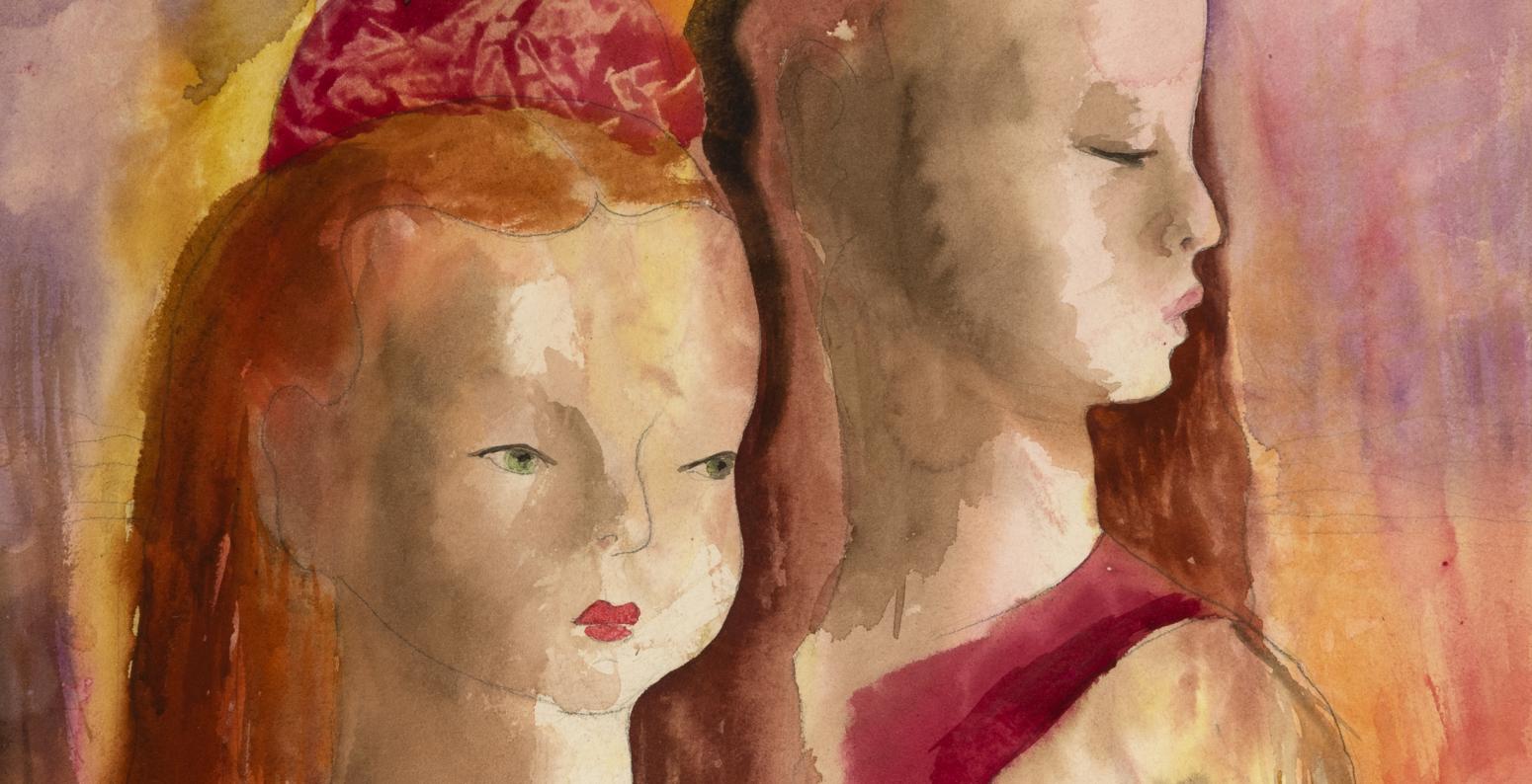 Painting of two grils posing for portrait.