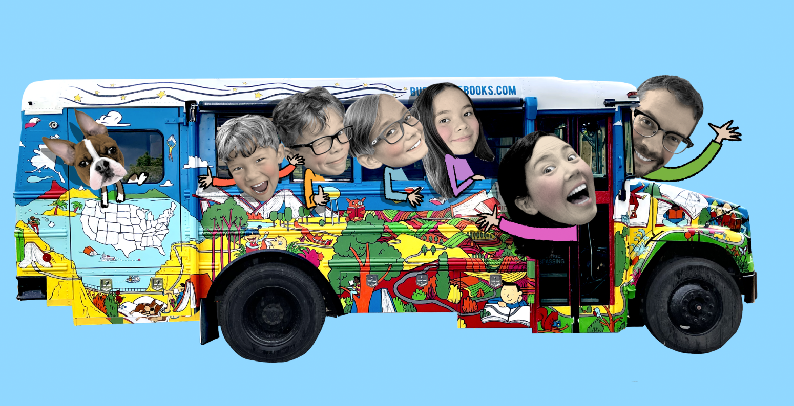Graphic of colorful school bus with heads of 2 parents and 4 children showing.