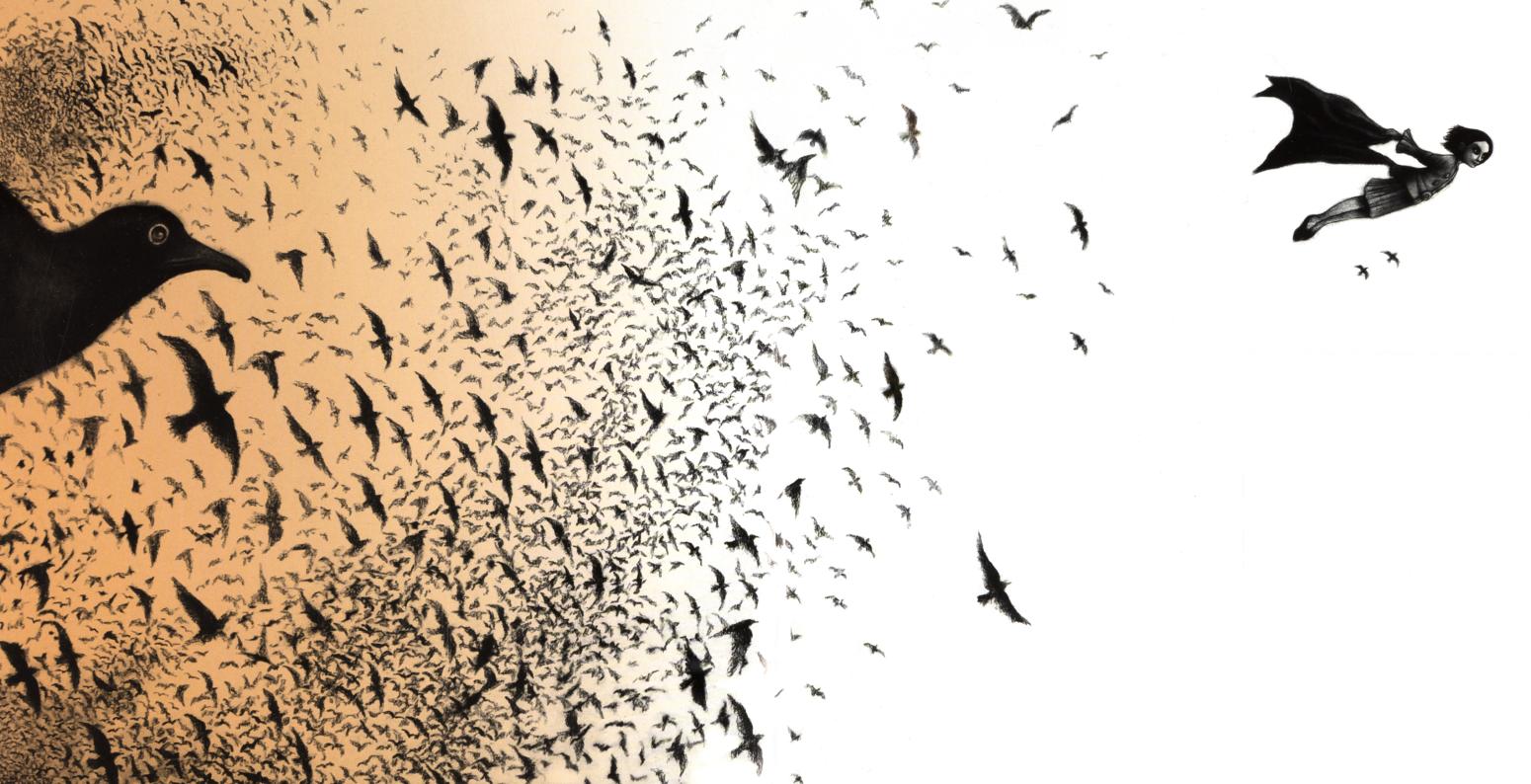 Illustration of swarm of birds and girl flying with cape. 