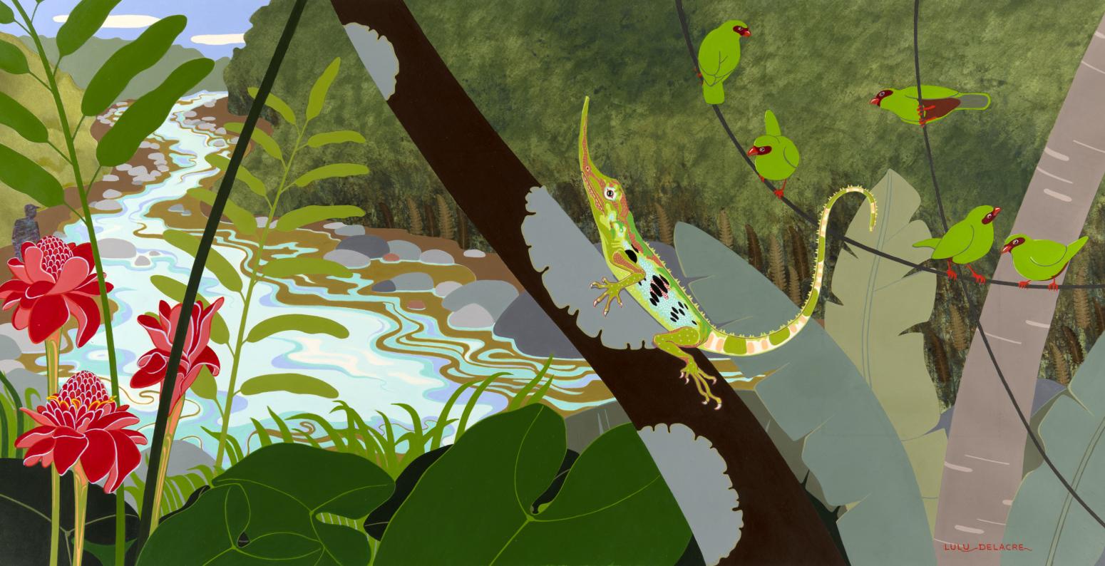 Illustration of lizard on tree.