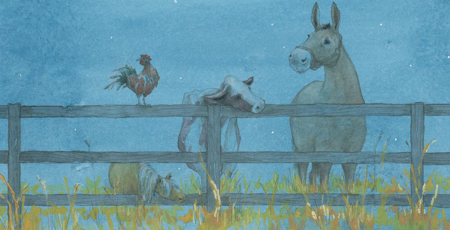 Cover illustration for The Sun is Late and so is the Farmer, showing farm animals at night standing along a fence.