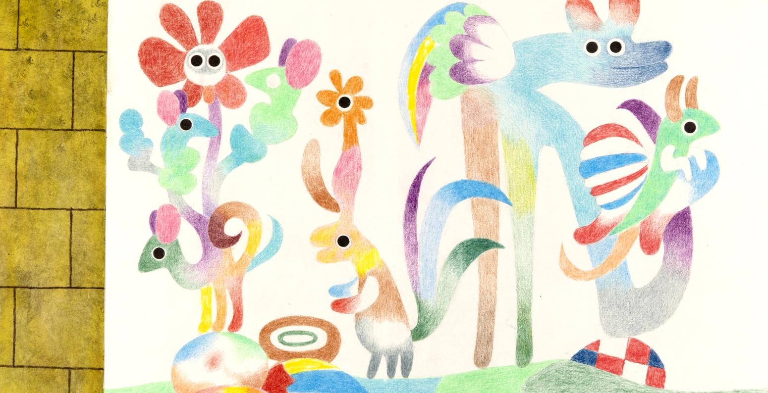 Illustration of psychedelic-looking animals next to wall. 