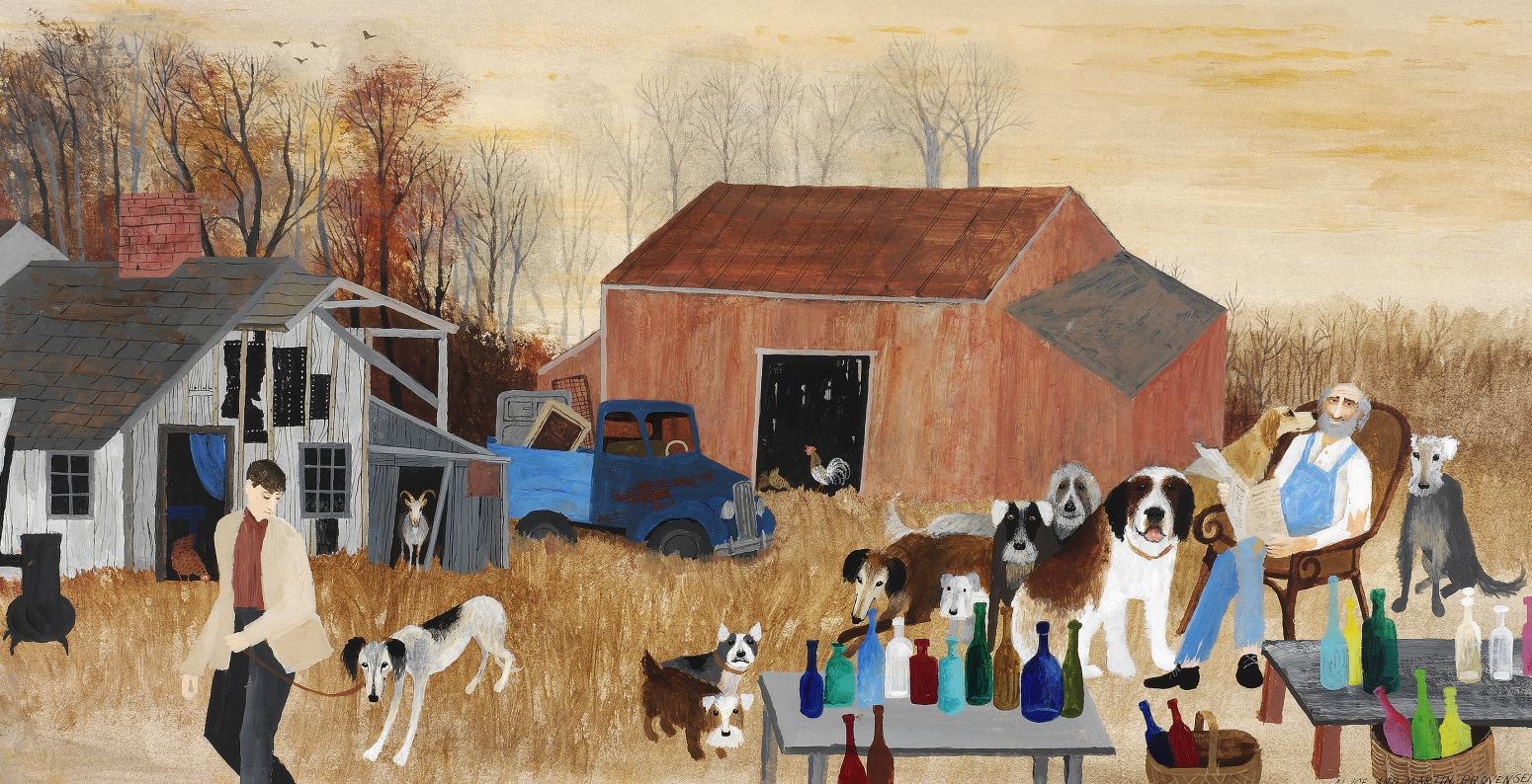 Illustration of lots of dogs and farmers sitting outside at table in front of barn. 