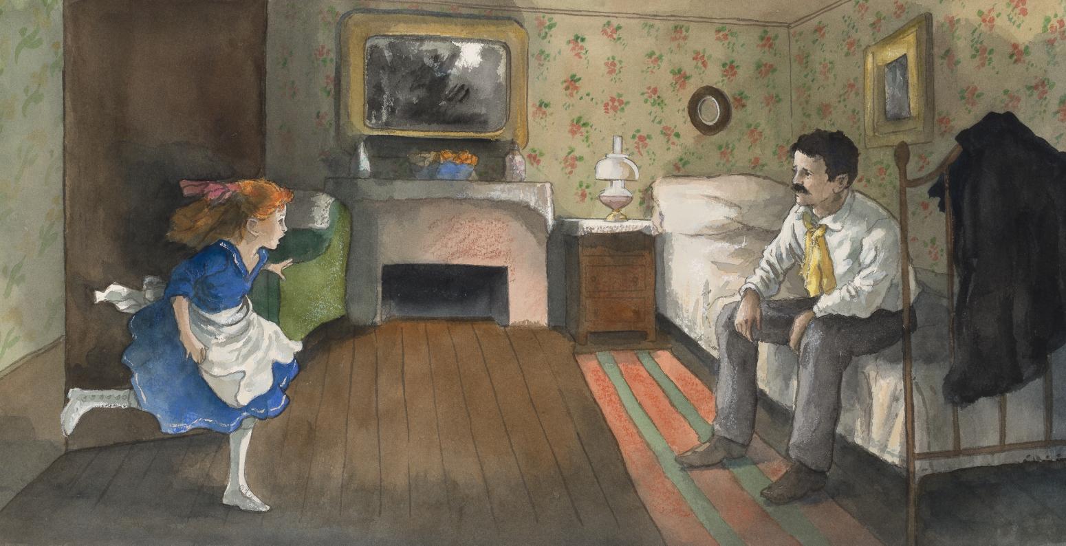 Illustration of girl running towards man sitting on bed.