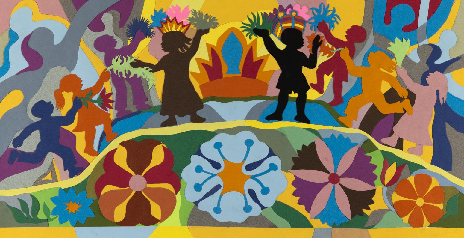 Illustration of silhouettes of people and flowers. 