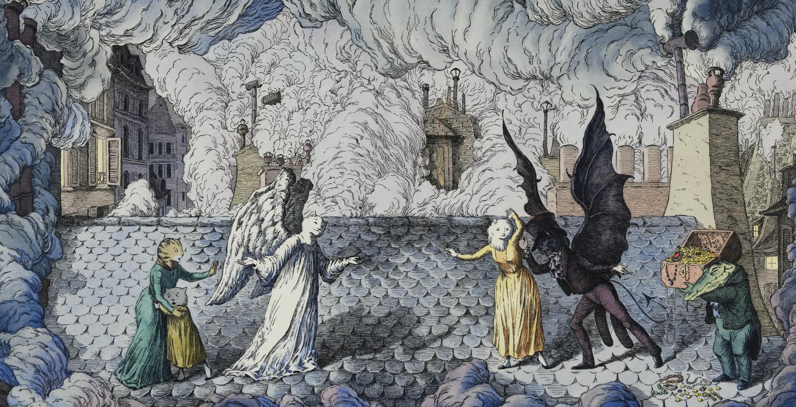 Illustration of magical beings in dream landscape.