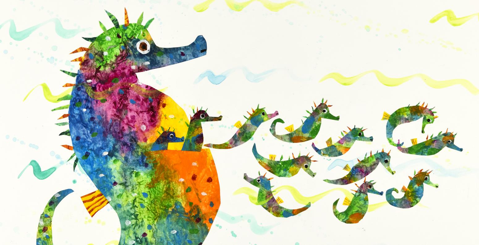 Illustration of colorful seahorse with baby seahorses. 