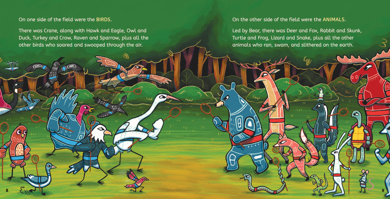 A standoff in a forest, with birds on the left side and animals on the ride side. Both groups glare at each other.