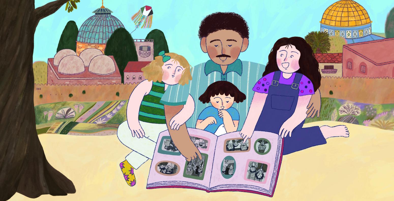Book cover of Homeland: My Father Dreams of Palestine, showing a family looking at a photo album.