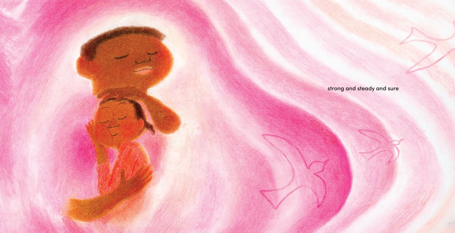 A caregiver and child embrace, surrounded by swirls of pink and three soaring birds.