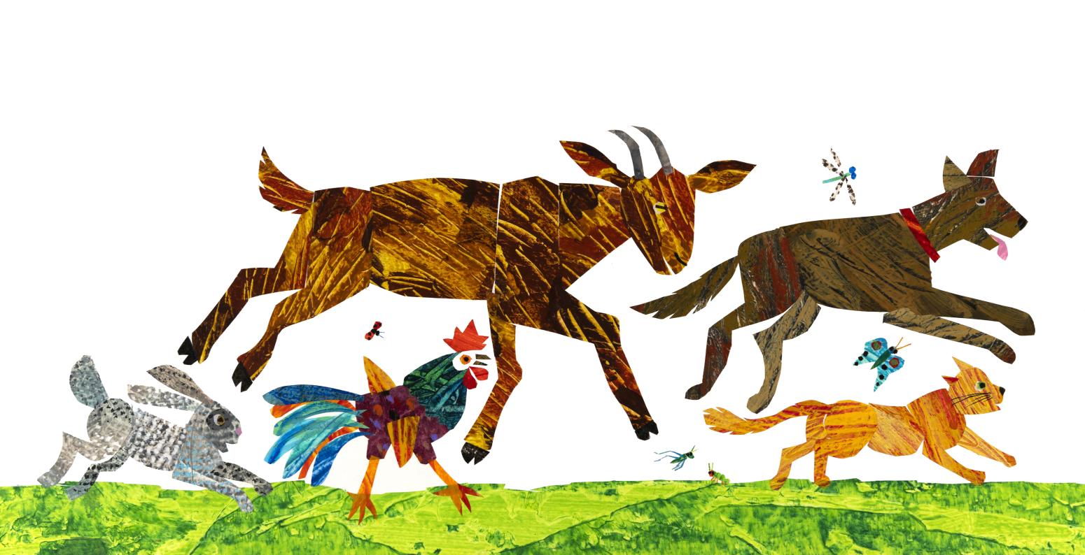 Illustration of bunny, rooster, goat, dog, and cat running through grass.