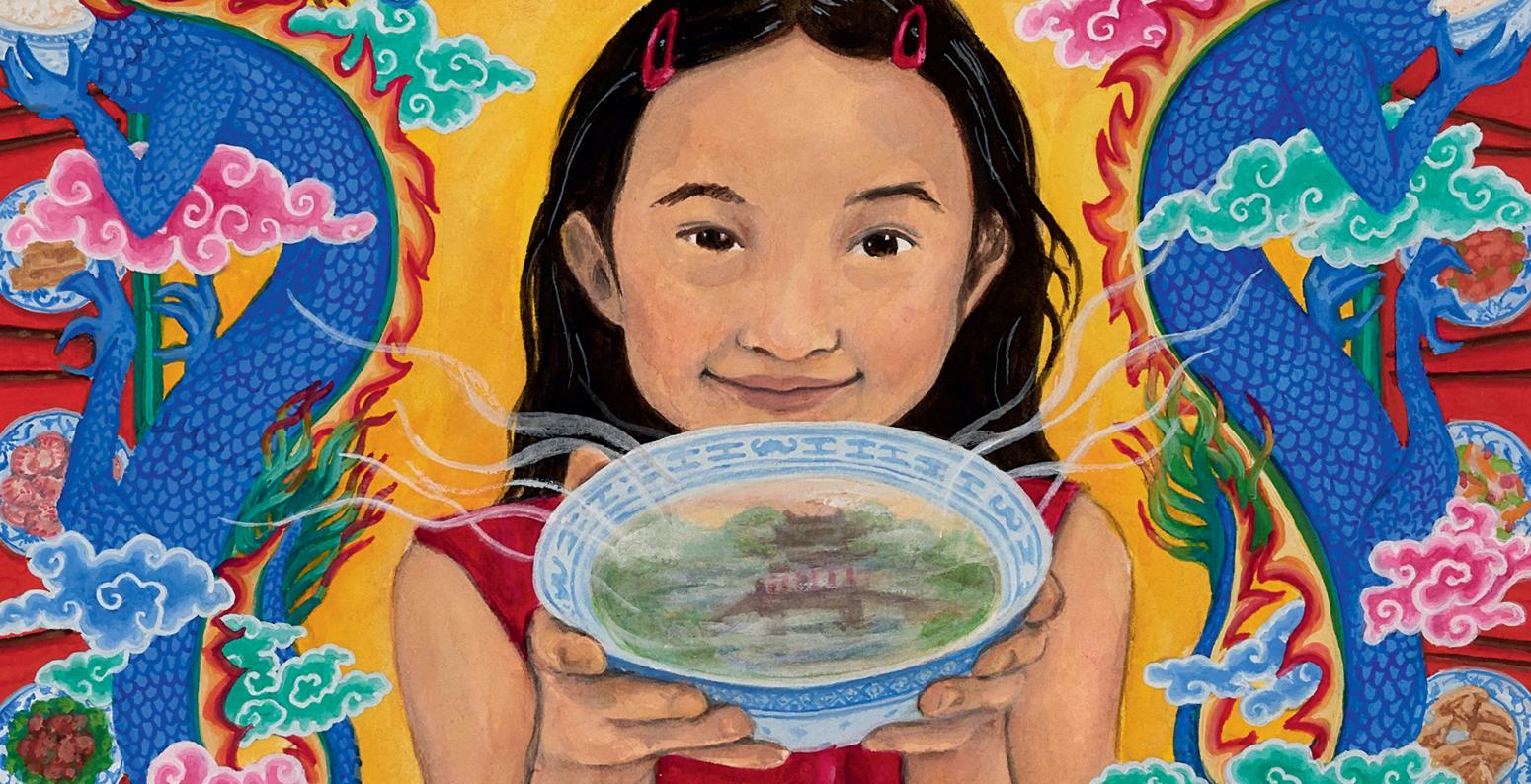 cover illustration for Chinese Menu, by Grace Lin, showing a girl smiling and holding a bowl of food.