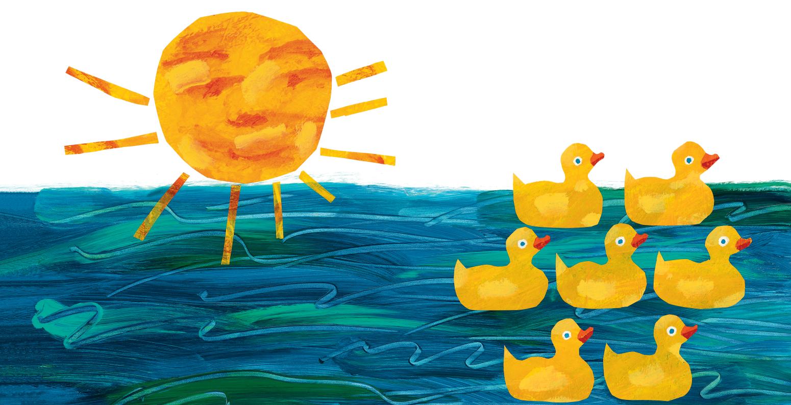 Illustration of sun with rubber ducks swimming in ocean. 