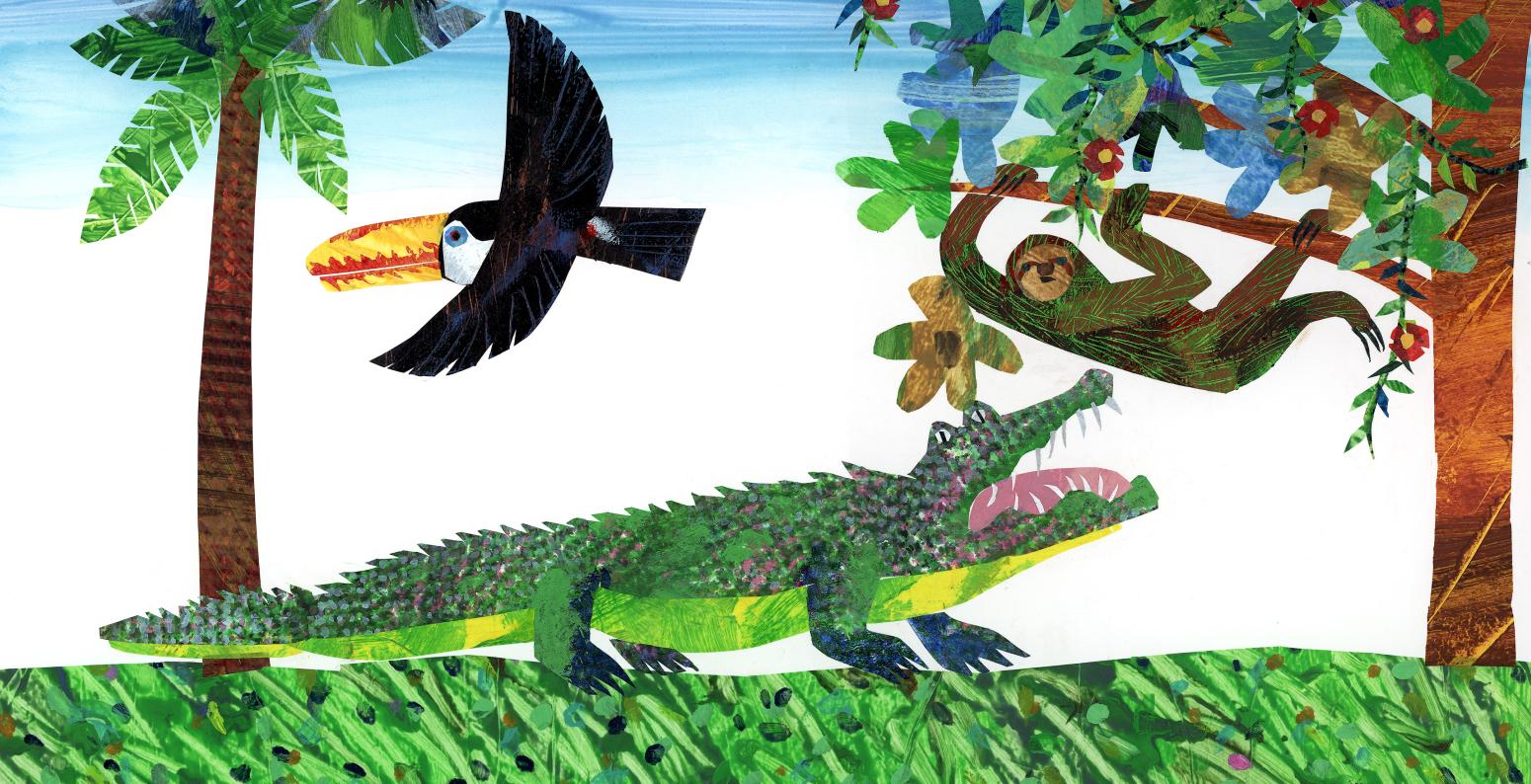 Illustration of sloth in tree with orange-billed birds and crocodile.