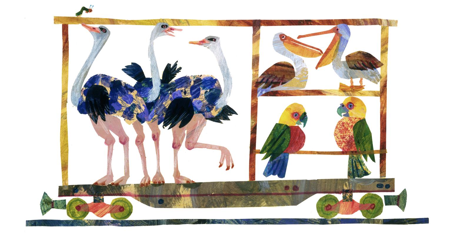 Illustration of birds in train car. 