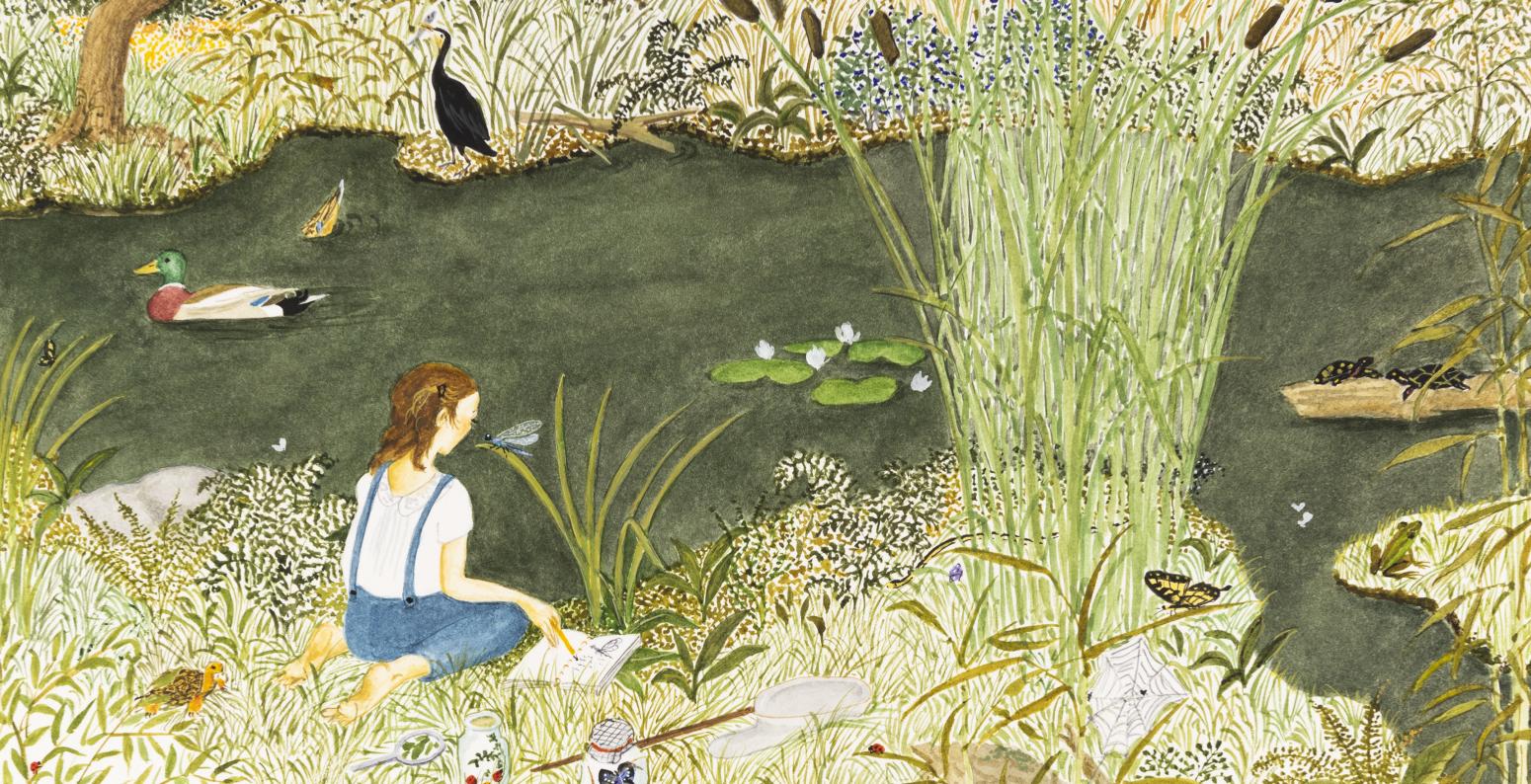Illustration of girl at pondside. 