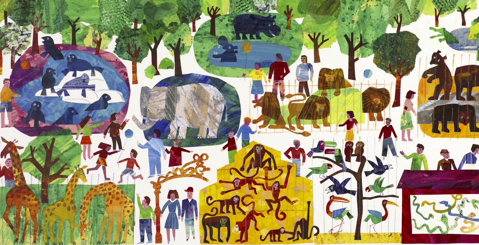 Illustration of crowded zoo park. 