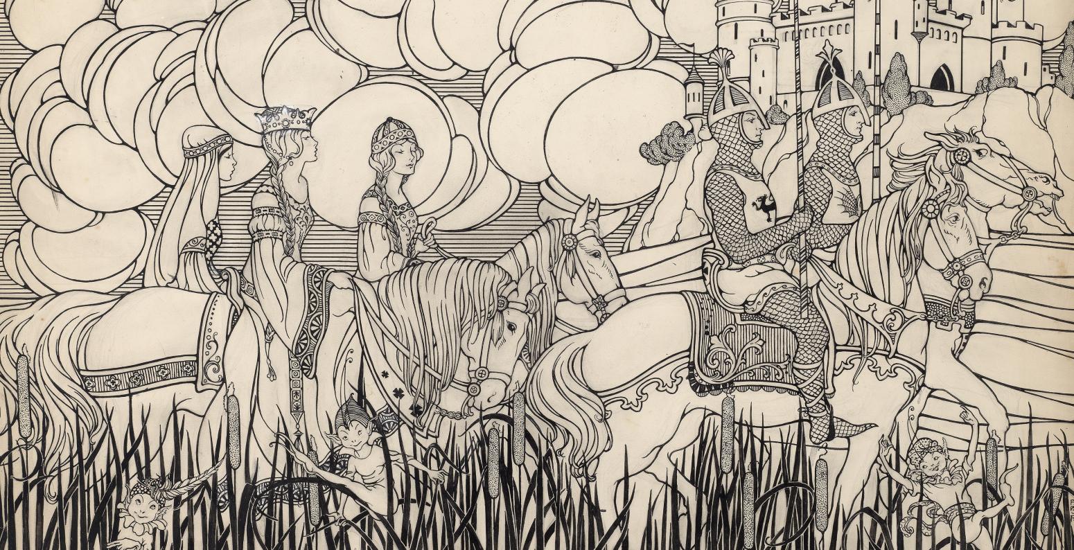 Illustration of knights on horseback.
