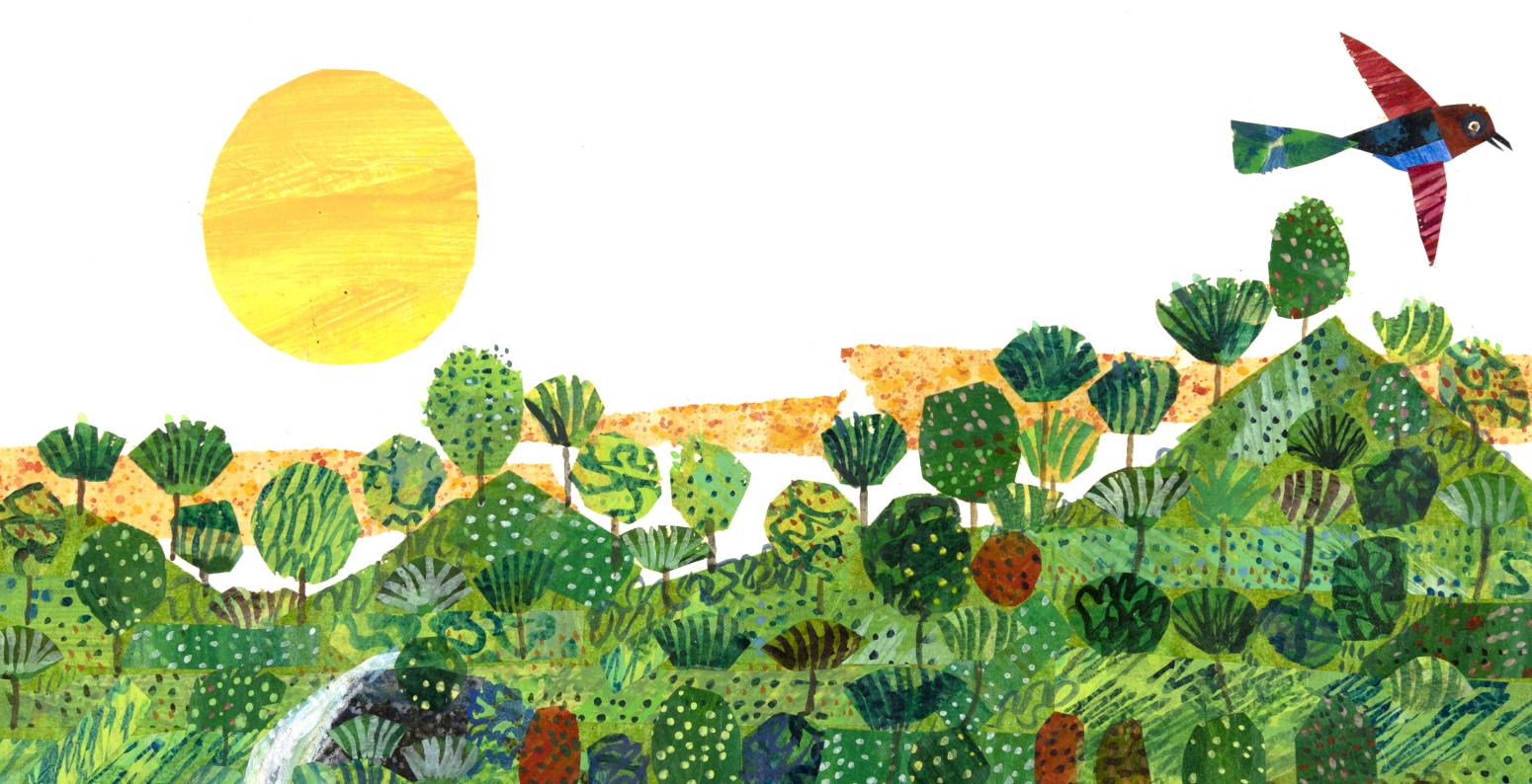 Illustration of bird flying over trees