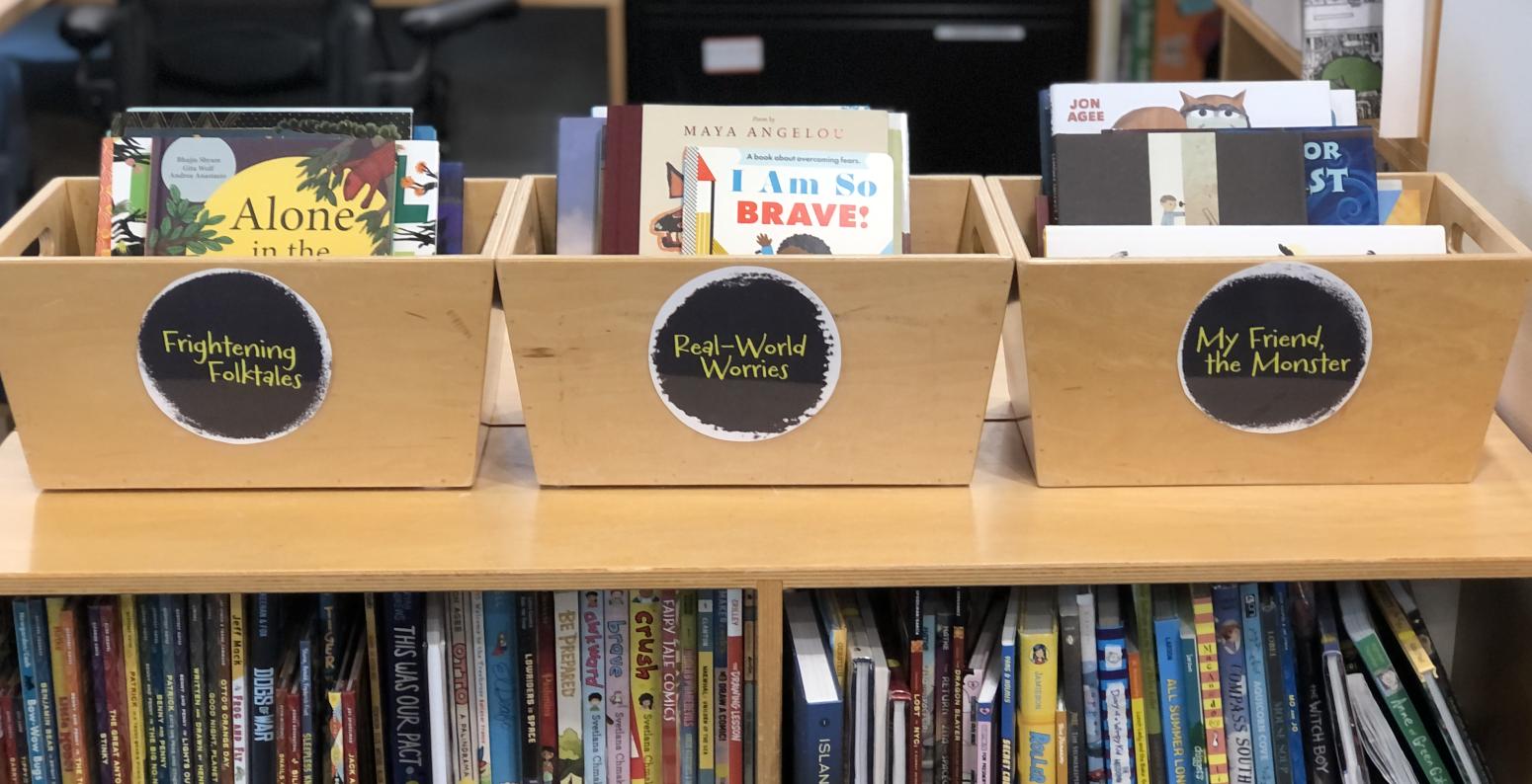 Three Book Bins in the reading library, titled Frightening Folktales, Read-World Worries, and My Friend, the Monster.