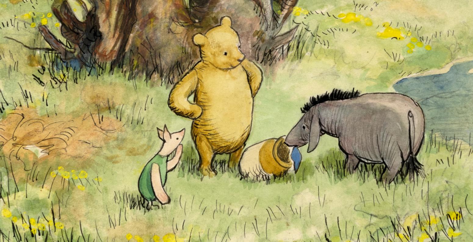 Illustration of pooh, eyore, and piglet in wood. 