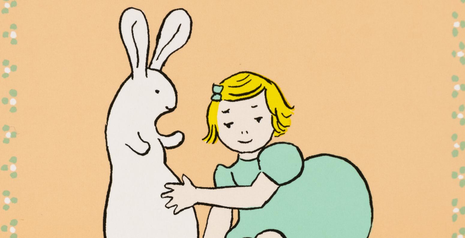 Illustration of girl patting bunny. 