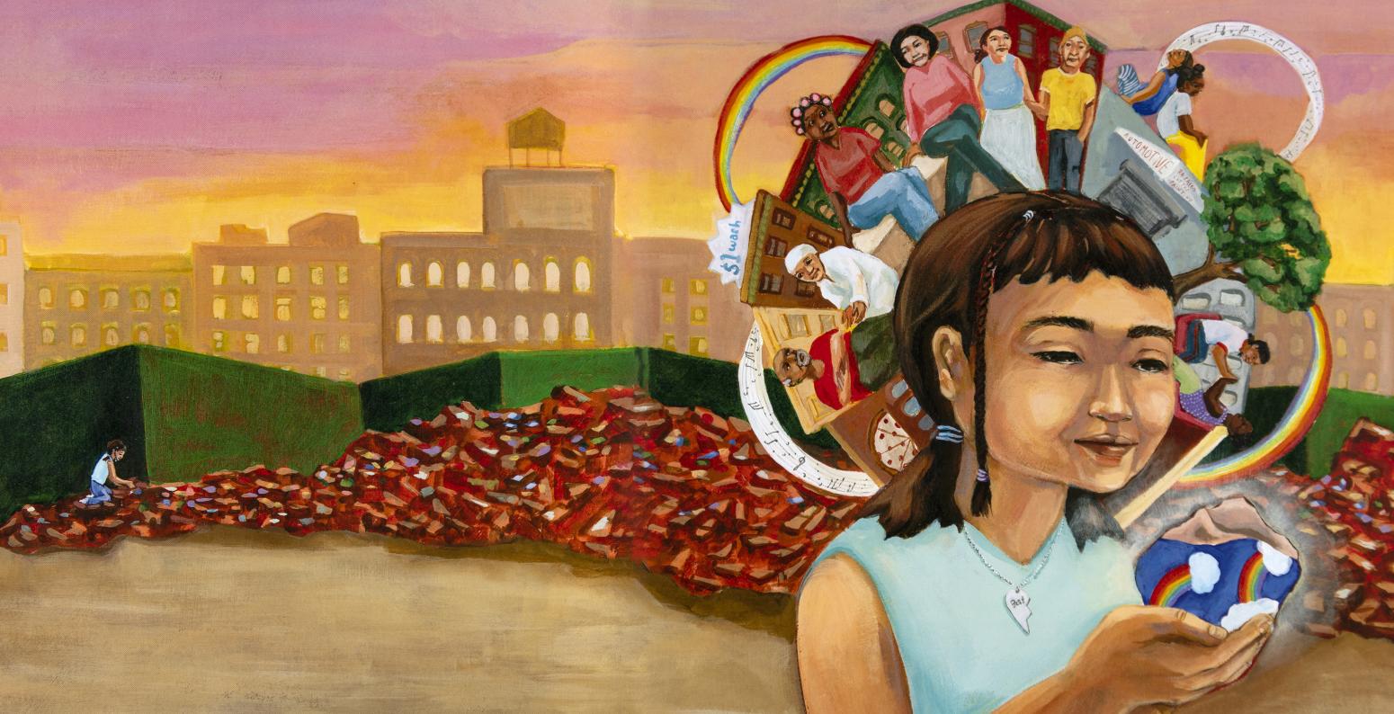 Illustration of girl with memories surrounding head.