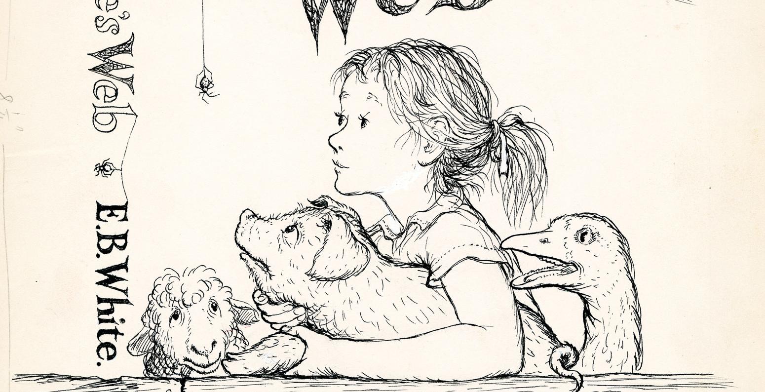 Illustration of girl and pig beneath spider web. 