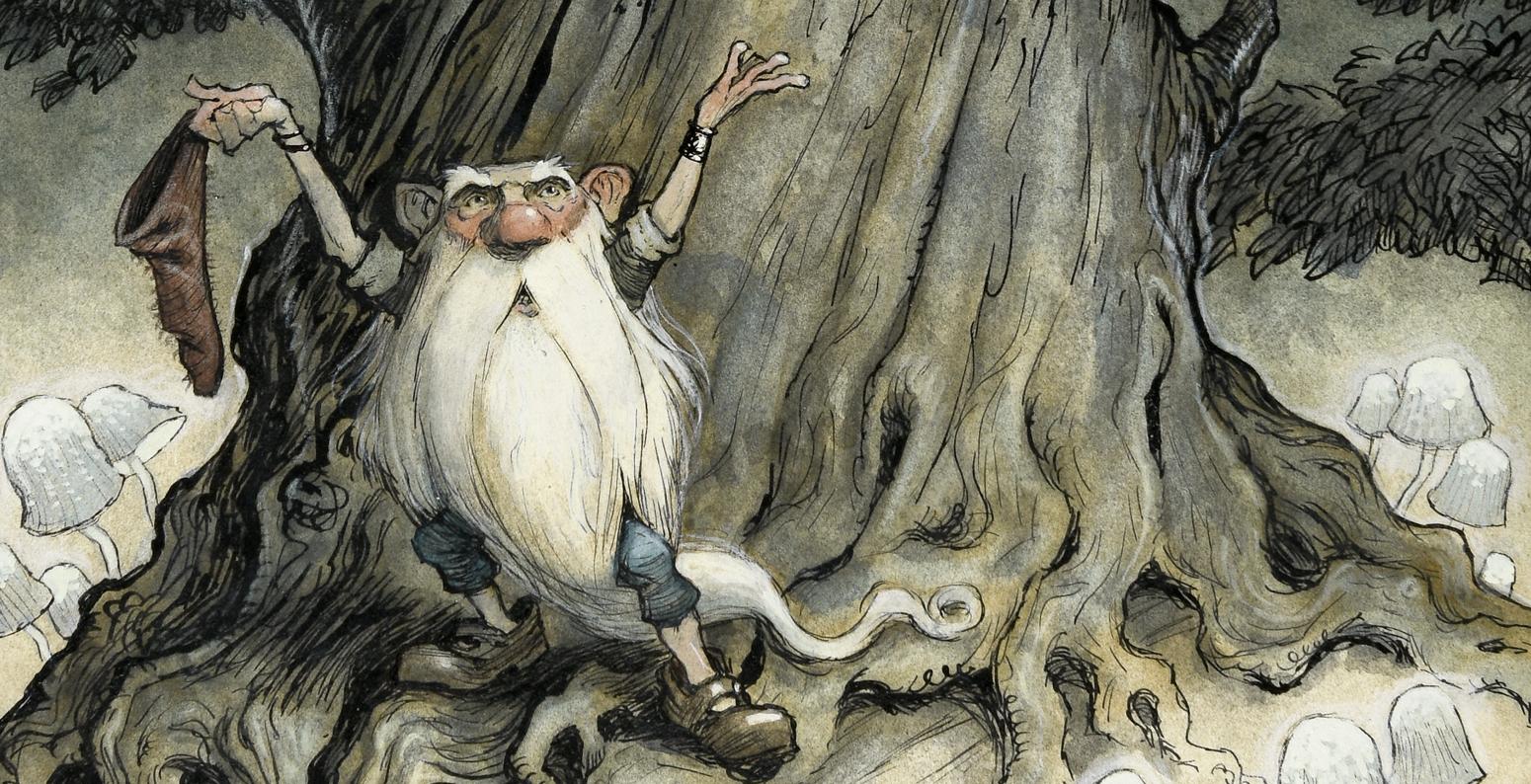 Illustration of gnome by tree. 
