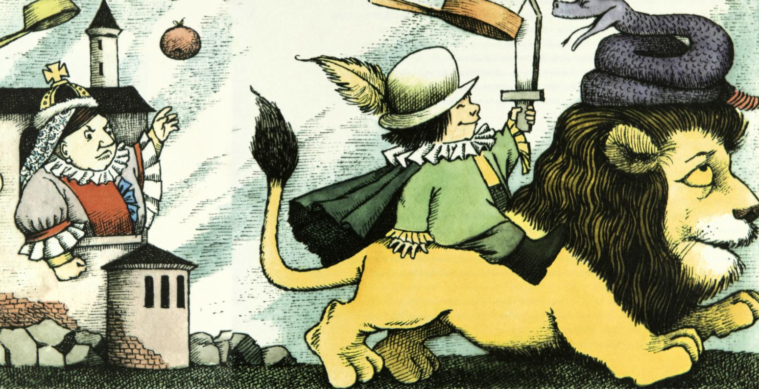 Illustration of boy riding lion. 