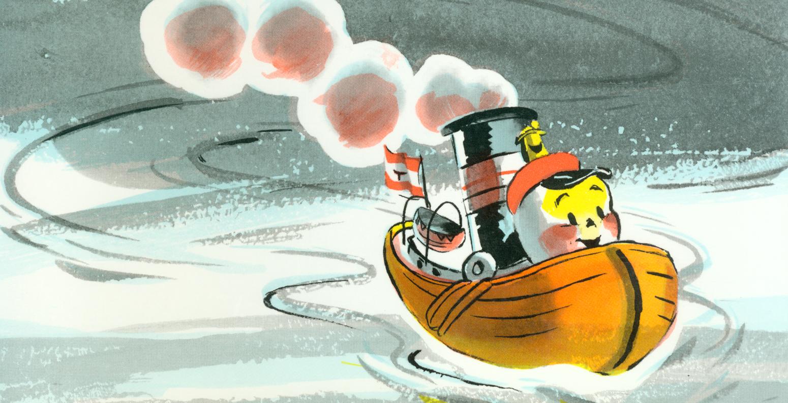 Cover illustration of Little Toot showing tug boat. 