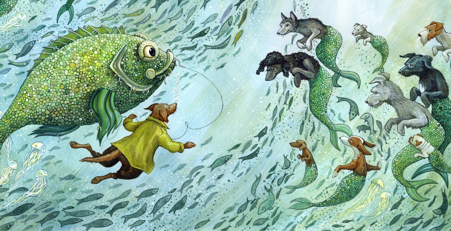 A dog in a yellow raincoat and a large fish hooked on a fishing line are underwater looking at a group of merpups.