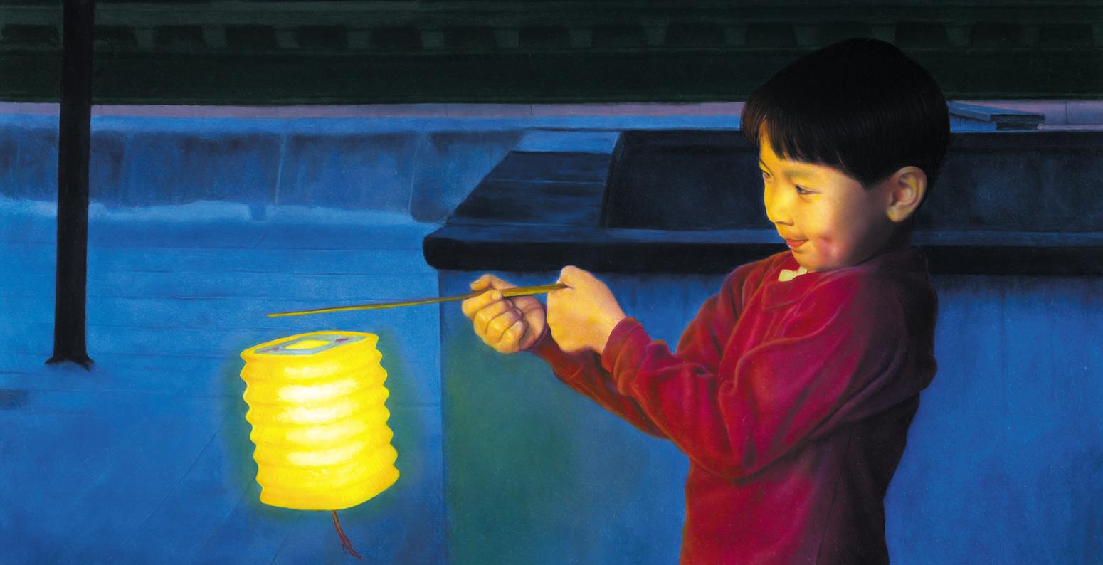 Illustration of child holding lamp. 