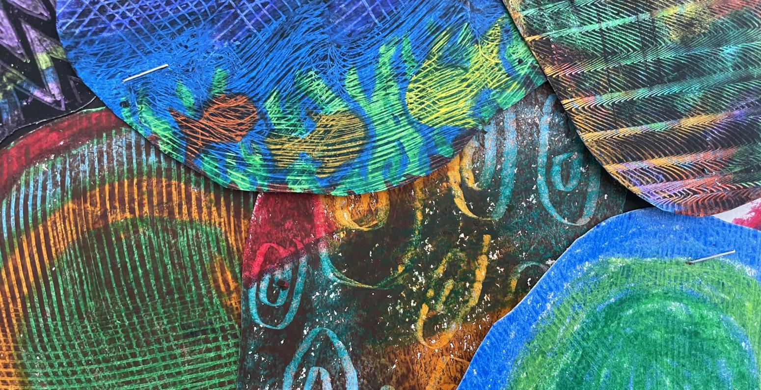 Layered drawings in crayon and oil pastel.