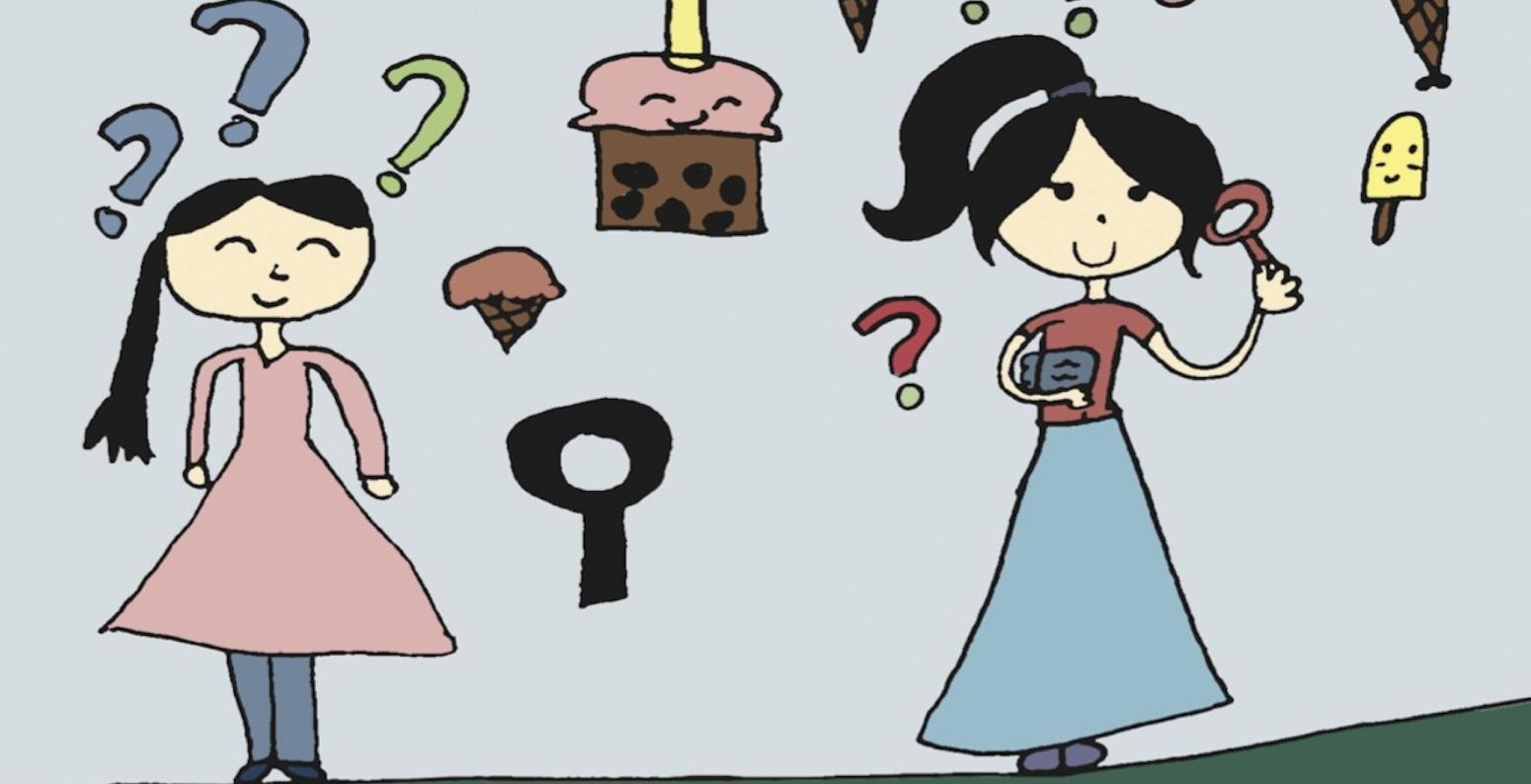 Illustration of sisters Emma and Belley standing and smiling, surrounded by floating question marks and ice cream cones.