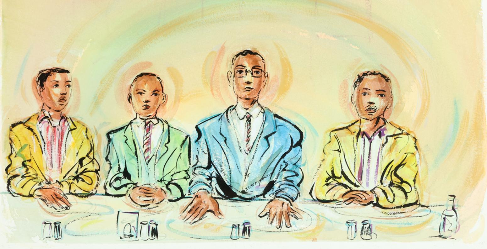 Four Black men seated at a diner counter, looking straight ahead.