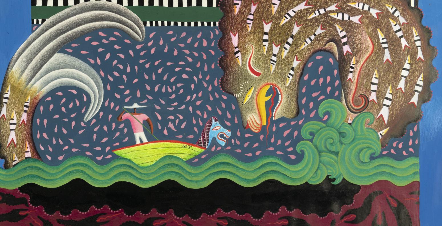 Illustration of seamonster and ship.