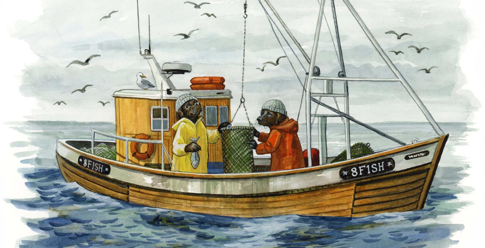 Two dogs in rain gear on a fishing boat with birds flying in the background.