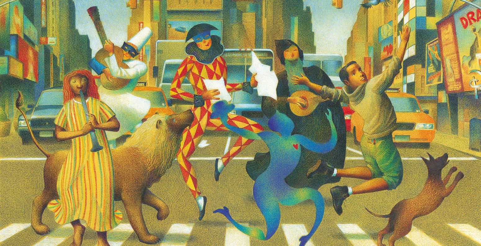 Illustration of people crossing the street.
