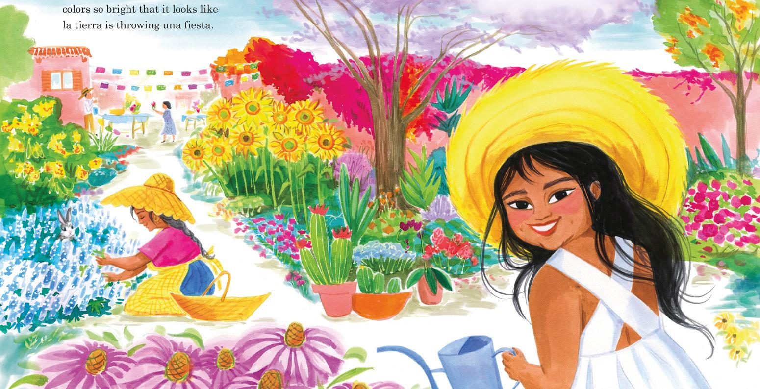 Book pages showing girl in tropical landscape. 