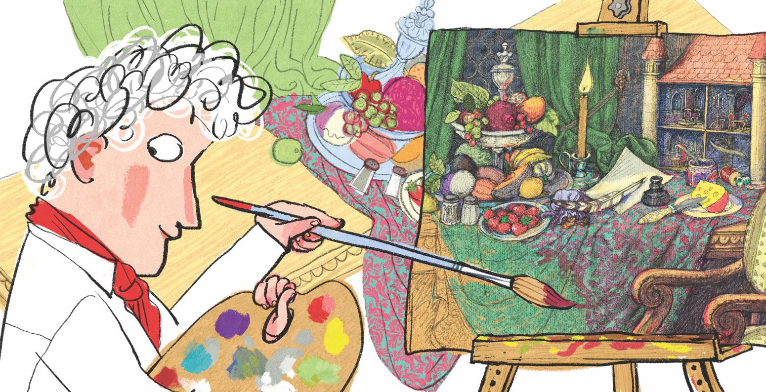 A painter holds a palette and brush, painting a still life depicting a chair, fruit, table, dollhouse, and plate of cheese.