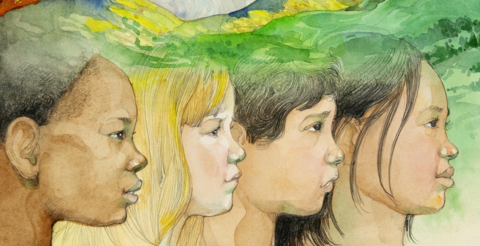 Illustration of faces and rainbow
